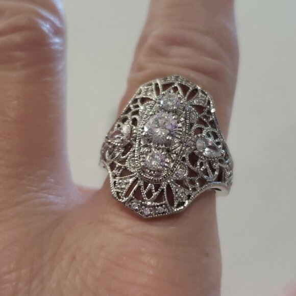 Retro 1920's Vintage Style Filigree 925 Anniversary Ring Unique Long Ring - Picture 2 of 7